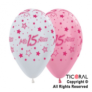 GLOBO S R12 INF SATIN MIS 15 AOS BLANCO Y ROSA TINTA FUCSIA x 50